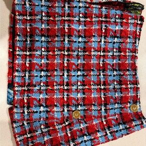 Versace Red and Light Blue Tweed Mini Skirt with Gold Buttons